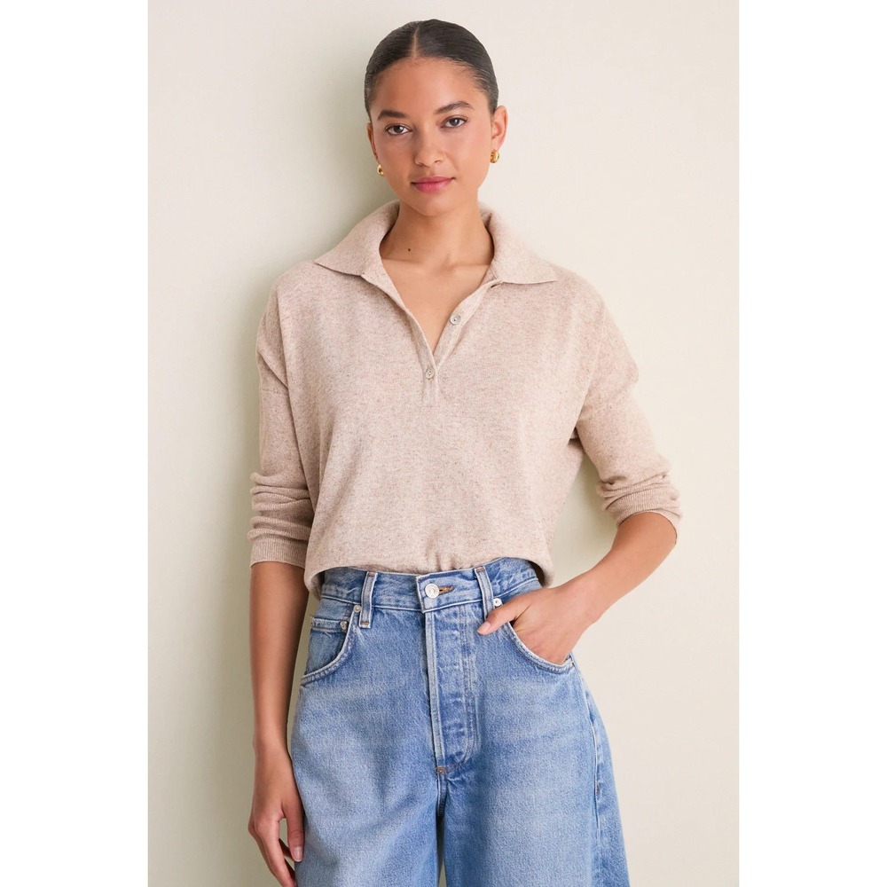 Tuckernuck Clayton Knit Polo M/L Tan Linen Blend Oversized Knit Pullover Top